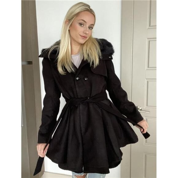 Women's Fashion Faux Fur Lapel Double-Breasted Thick Wool Trench Coat Winter - Picture 5 of 6